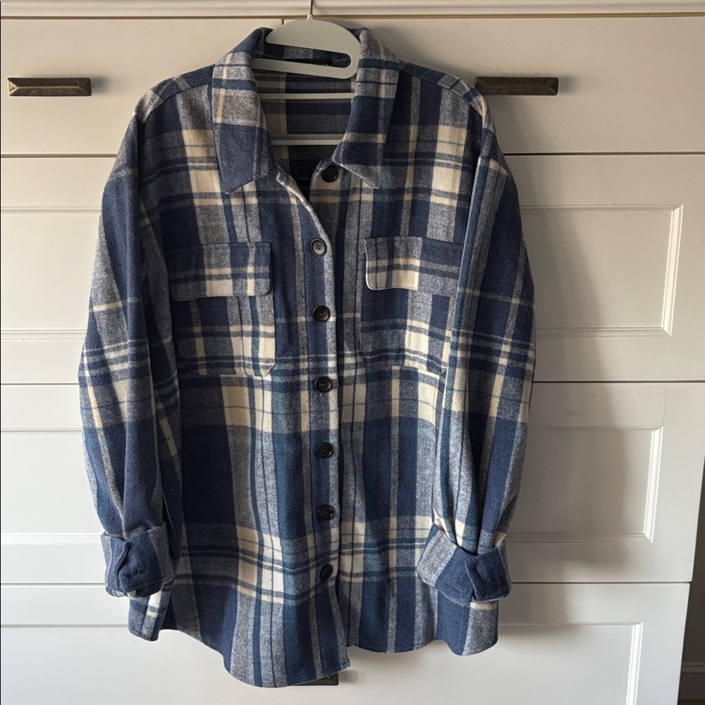 Blue and White Plaid Button-Up Shacket